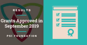 Cover photo with title "Application Results - Grants Approved in September 2019 - PSI Foundation"