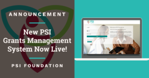 Cover picture with post title and login screen of PSI Online Grants Management System